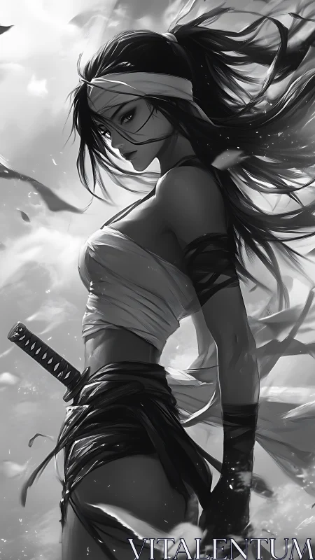 Warrior woman stands poised with katana in storm wind