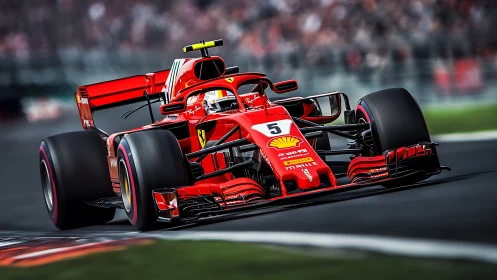 Red Formula race car navigates circuit corner at speed