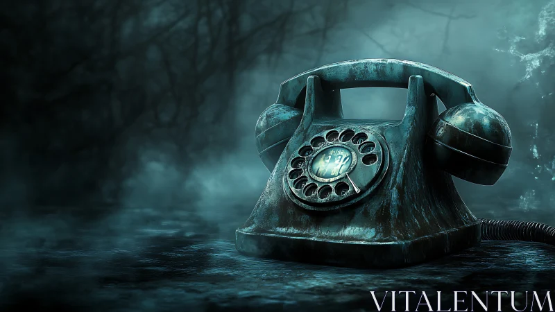 Weathered rotary phone waiting in a misty, haunted hush.