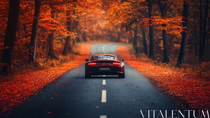 Scarlet sports car glides along a quiet autumn forest road