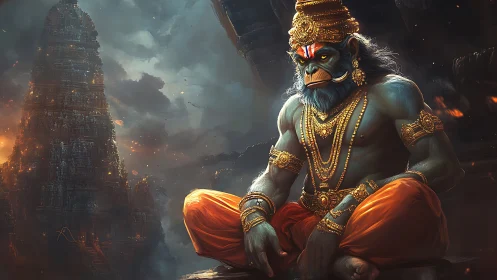 Divine simian warrior in gold regalia before blazing temple.