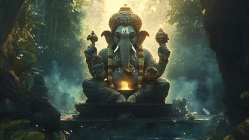 Radiant Ganesha statue glows gently in a misty jungle sanctuary