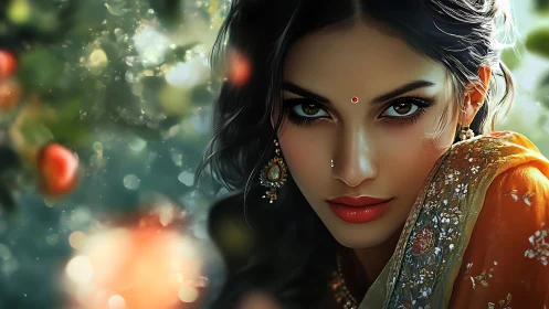 High-fidelity digital portrait of jeweled gaze and silk drapery.