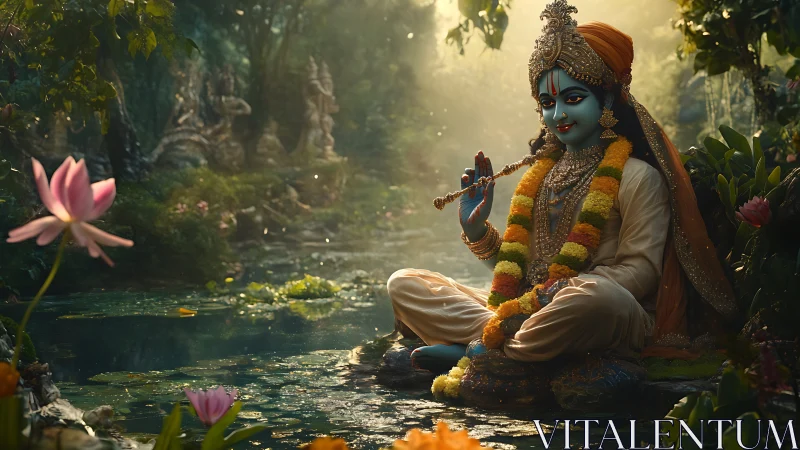 Divine blue deity plays flute amid luminous forest streamscape