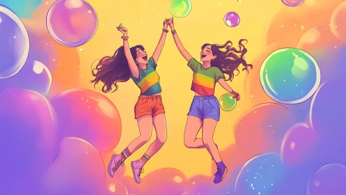 Two women jumping celebrating with rainbow bubbles on yellow background