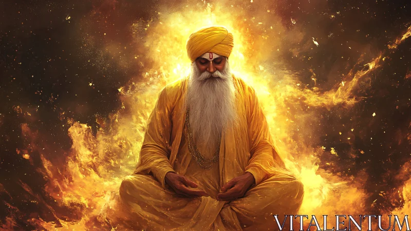 Meditative elder in radiant golden cosmic firestorm.