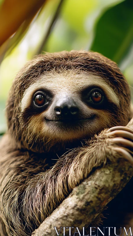 Gentle sloth portrait in lush rainforest close-up view.