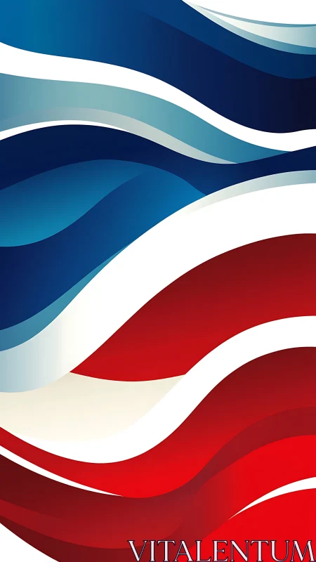 Red, white and blue curved wave pattern in vertical layout.