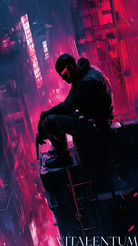 Cyberpunk sniper silhouette above neon magenta megastructures.
