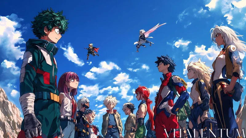 Anime heroes confront across open field under blue sky