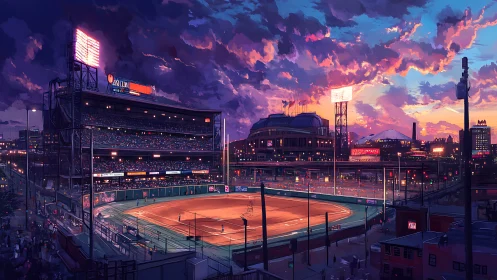 Sunset baseball stadium glows above a sprawling cyber city