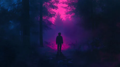 Silhouetted figure stands on forest path under magenta haze