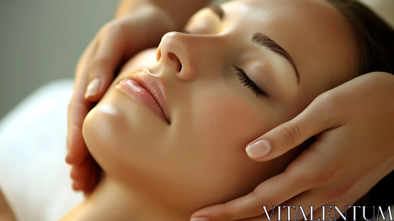Serene Woman Receiving Relaxing Facial Massage in Soft Light.