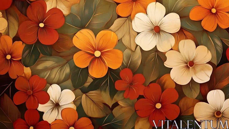 Stylized Floral Composition with Warm Tones and Layered Foliage