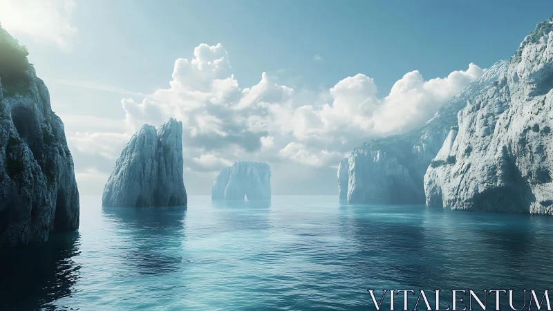 Coastal karst seascape under volumetric clouds and diffuse light.