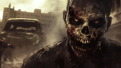 Decayed humanoid figure in ruined urban street environment.