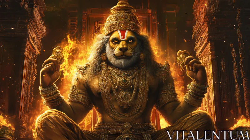 Lion-headed deity seated in ornate burning temple interior.