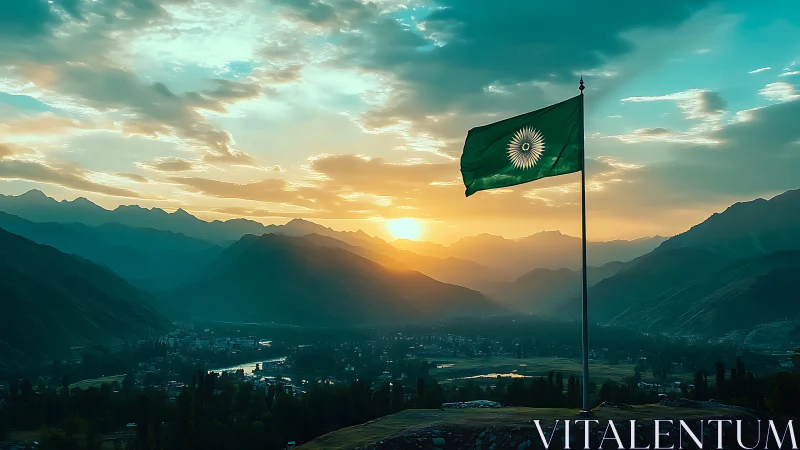 Green national-style flag over mountainous valley at sunrise.