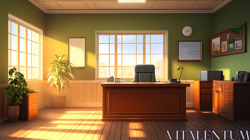Sunlit executive haven with plants, papers, and quiet ambition.