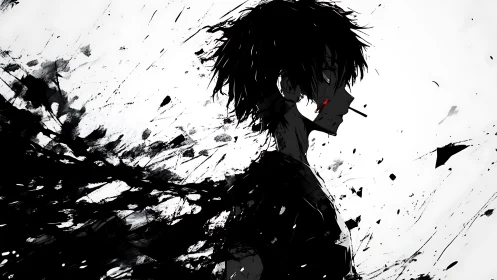 Dark haired anime boy in ink splatter silhouette profile