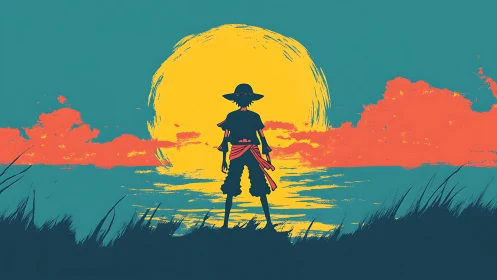 Silhouetted wanderer faces neon sunset over open sea.