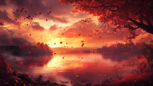 Autumn foliage surrounds reflective lake at vivid sunset
