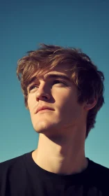 High-contrast upward portrait under clear daylight sky conditions