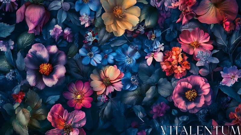 Vibrant Floral Tapestry: Blooms Against Deep Blue.