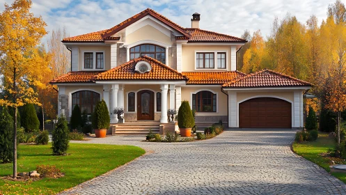 Symmetrical suburban villa with tiled roof and autumn landscaping.