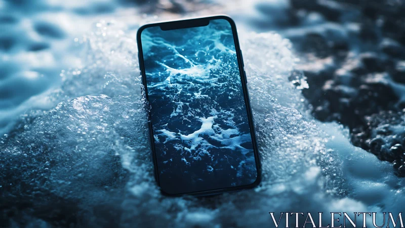Smartphone screen reflects crashing ocean waves in surf.