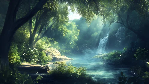 Waterfall in lush forest canyon with bright light rays through canopy