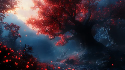 Red-leaved tree in misty forest with stone path at dusk.