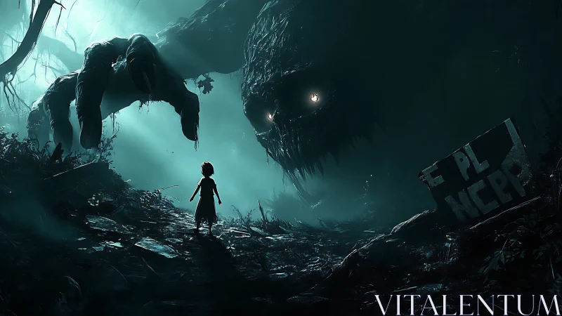 Child confronts colossal forest monster in cinematic teal haze