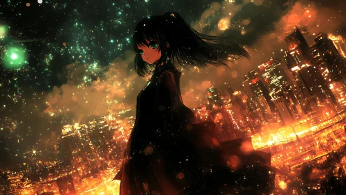 Solitary anime girl overlooks burning neon city skyline.