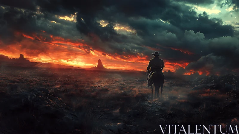 Lone rider crosses burning horizon under storm-laden sky