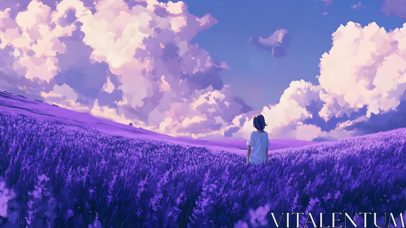 Solitary figure in expansive purple flower field landscape.