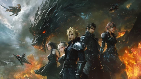 Stormlit heroes stand defiant beneath a raging dragon sky