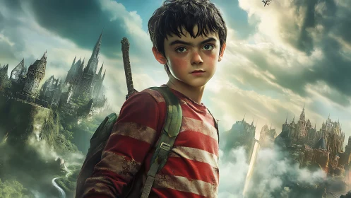 Young boy stands before dual fantasy citadel landscapes