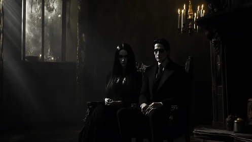 Gothic couple portrait in low-key photorealistic chiaroscuro lighting.