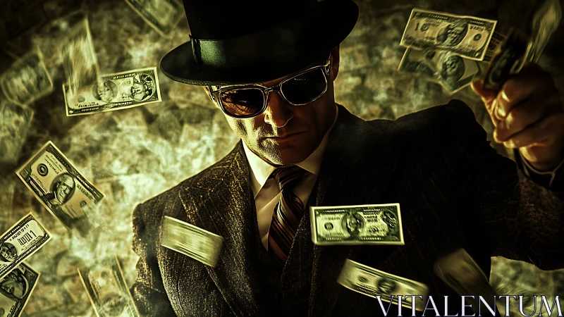 Shadowed money thrower in smoky noir storm of dollars.