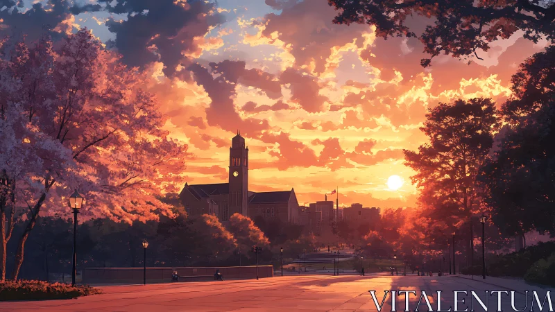 Sunset paints a peaceful campus walkway in soft golden light