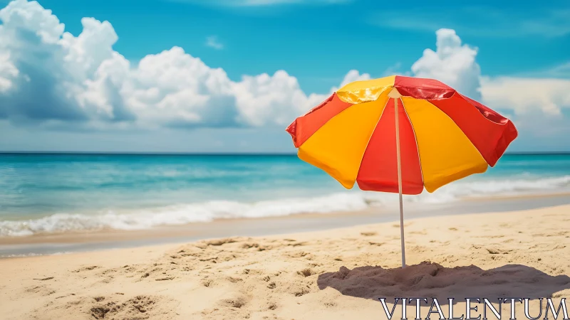 Bright beach umbrella on sunlit shore under blue sky.