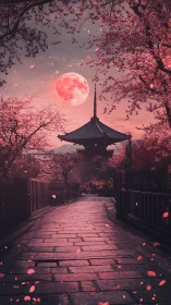 Moonlit sakura pathway hums softly around the temple spire