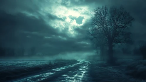 Moonlit misty country road winds through quiet winter fields