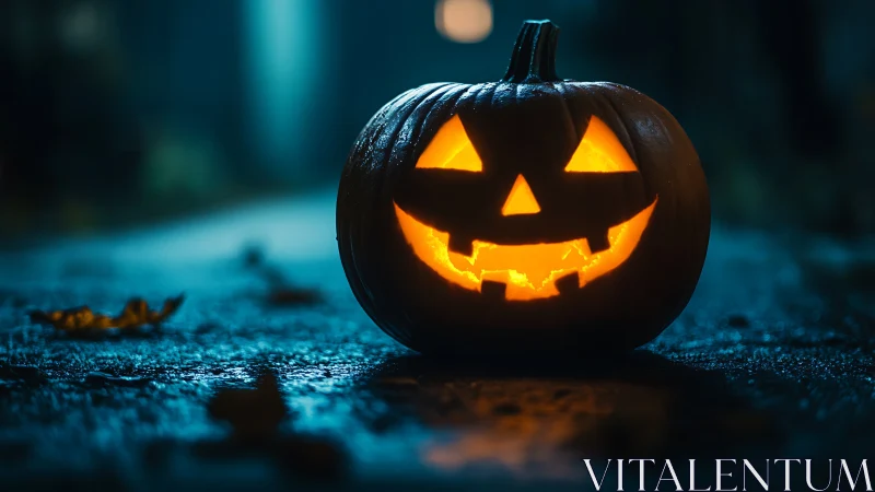 Glowing jack o’lantern smiles warmly on a misty Halloween night