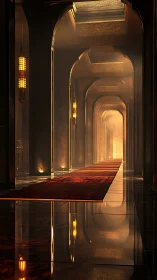 Golden vaulted corridor extends into atmospheric vanishing light