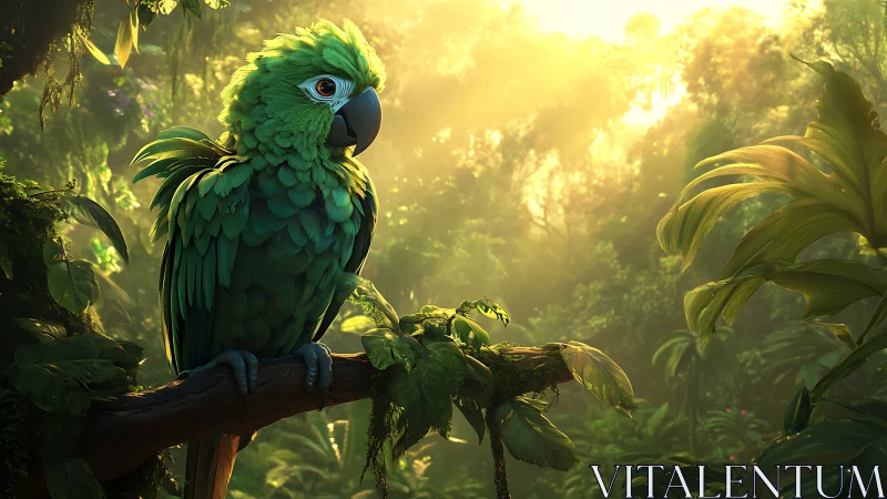Emerald parrot on jungle branch under golden sunrise light.