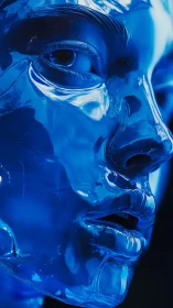 Blue chrome humanoid face in extreme closeup profile view.