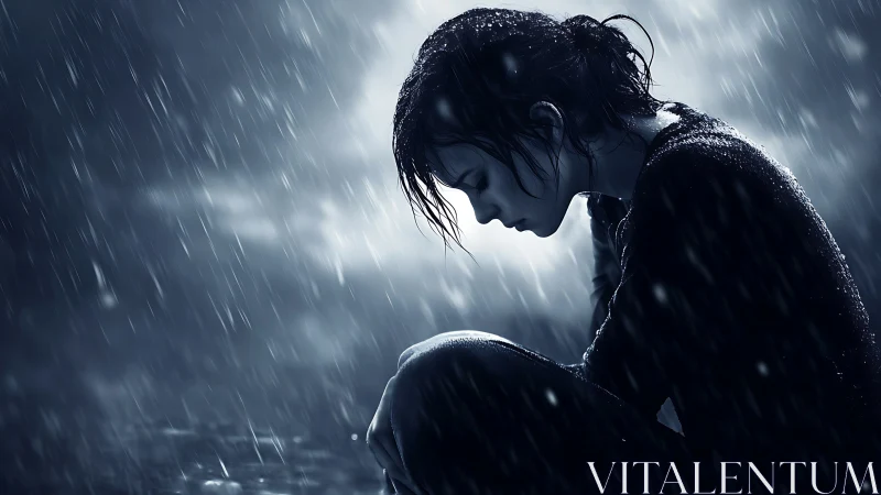 Quiet resilience glows as a young woman sits alone in rain