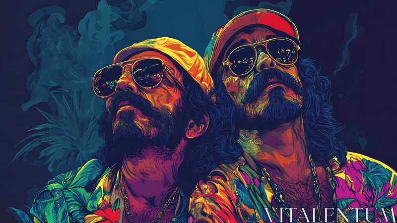 Colorful stylized portrait of two men in tropical shirts.